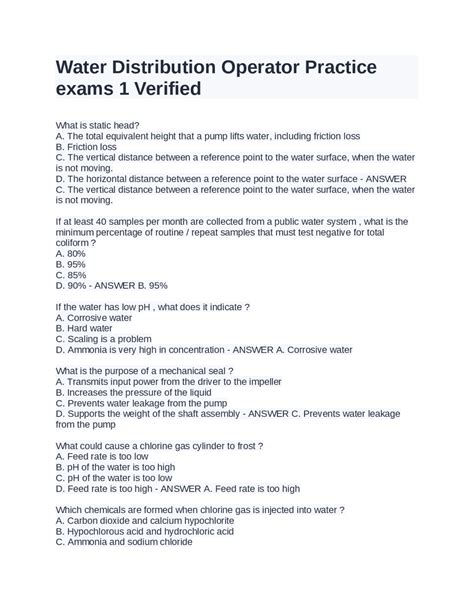 Water Distribution Operator Practice Exams 1 Verified Exams