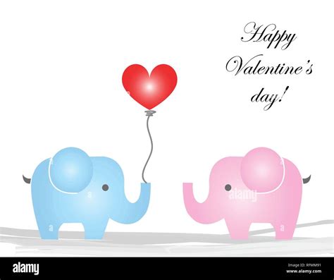 Happy Valentines Day Card With Male And Female Elephants Cartoon In