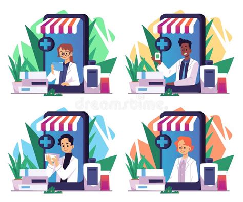 Ilustraci N Vectorial De Estilo Plano De Conjunto De Farmacias En L Nea