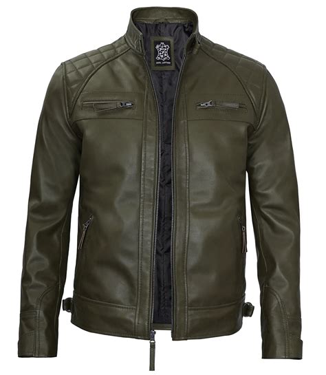 Mens Quilted Dark Green Leather Motorcycle Jacket