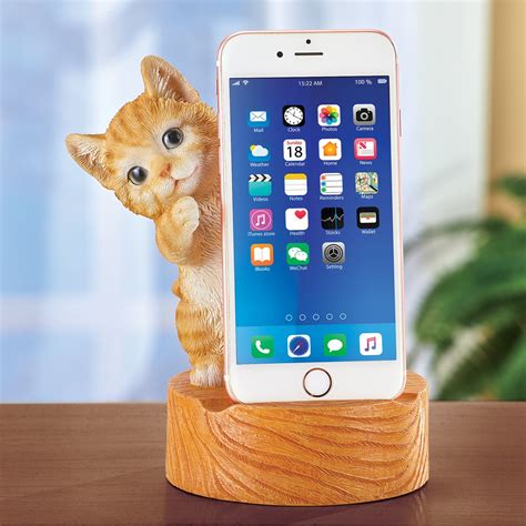 Peeking Cat Wood Style Base Mobile Phone Holder Stand Collections Etc