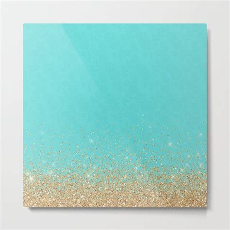 Sparkling Gold Glitter Confetti On Aqua Teal Damask Background Metal