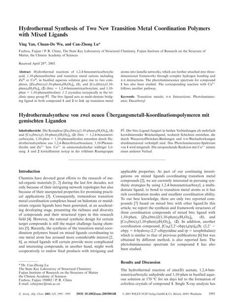 PDF Hydrothermal Synthesis Of Two New Transition Metal Coordination