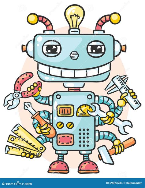 Cute Robot With Six Hands Holding Different Working Tools Stock Vector