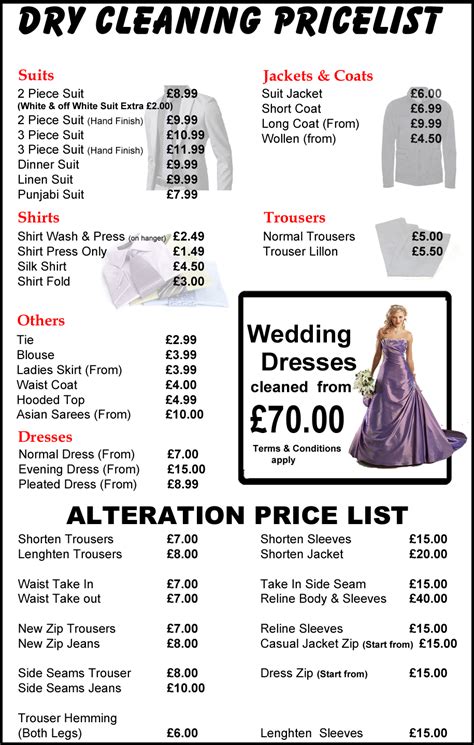 Dry Cleaning Pricelist Suits Piece Suit White Wedding Gown Cleaning