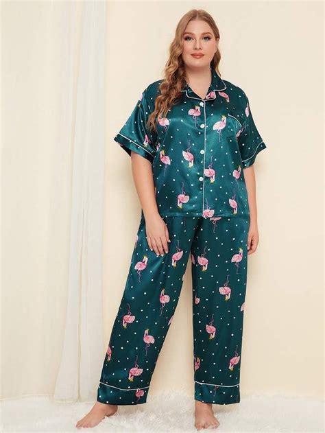 Plus Flamingo And Dot Print Satin Pajama Set Satin Pj Set Satin Pyjama