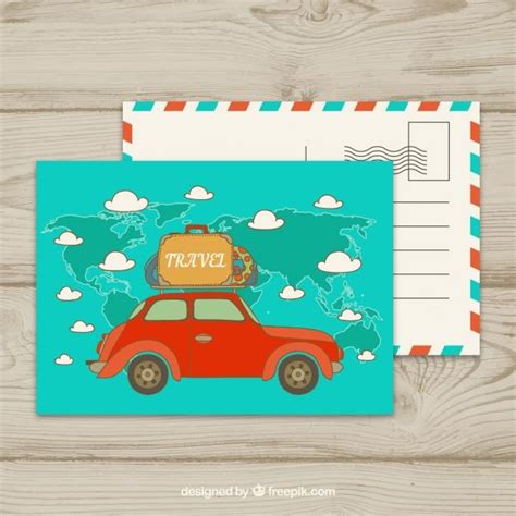 Открытка для путешествий с автомобилем | Бесплатно векторы | Postcard ...
