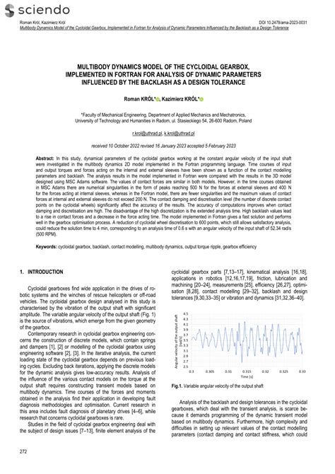 PDF Multibody Dynamics Model Of The Cycloidal Gearbox Implemented In