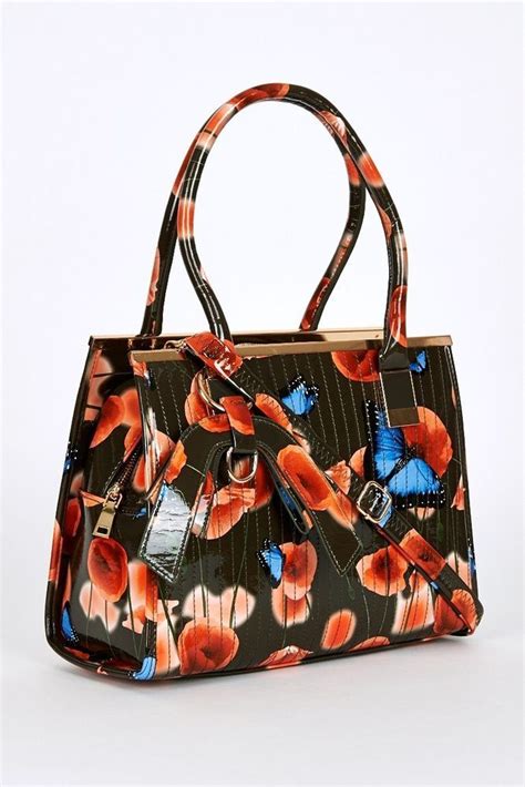 Patent Floral Poppy Butterfly Print Handbag Ted Baker Style Printed Handbags Handbag Ted