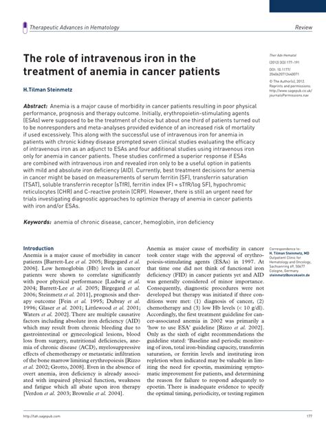 Pdf The Role Of Intravenous Iron In The Treatment Of Anemia In Cancer