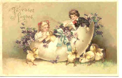 Joyeuses pâques Enfants dans œuf poussins Carte postale ancienne