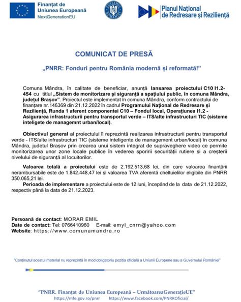 Comunicat de presă PNRR Fonduri pentru România modernă și reformată