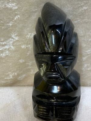 Gold Sheen Obsidian Carved Gemstone Statue Mayan Aztec Idol Figurine