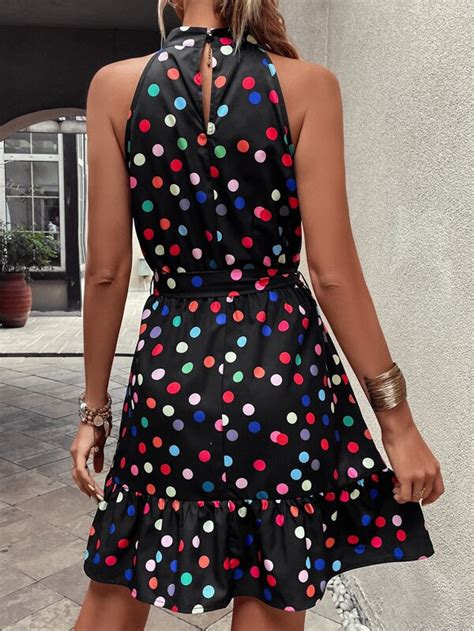 Shein Vcay Polka Dot Print Belted Halter Dress Shein Usa