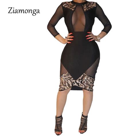 Ziamonga 2017 Women Dress Sexy Long Sleeve Mesh Patchwork Black Sequin Bandage Dress Sexy Club