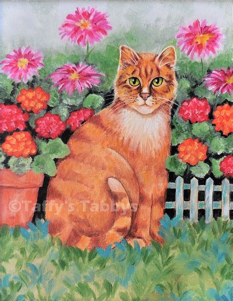 Original Cat Painting Acrylic Orange Tabby Cat Colorful Geraniums