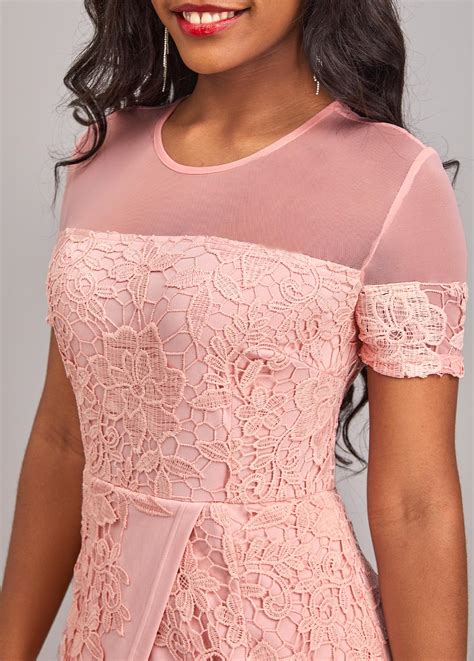 Rotita Lace Light Pink Round Neck Short Sleeve Bodycon Dress Rotita