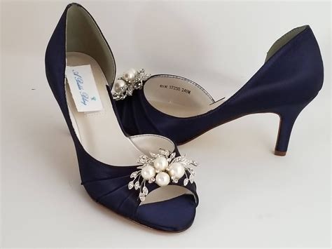 Navy Blue Wedding Shoes Crystal And Pearl Cascade Design Navy Blue