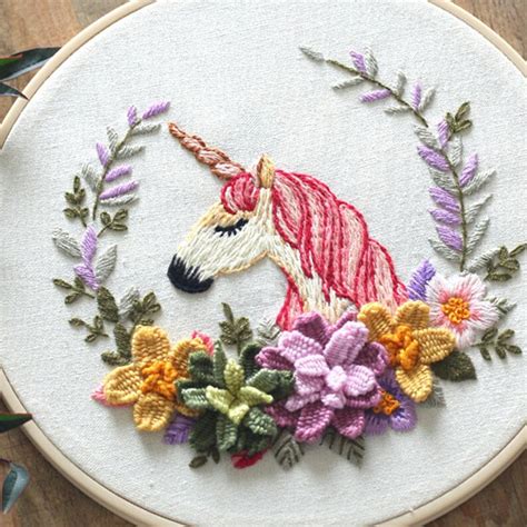 Hand Unicorn Embroidery Kit Modern Floral Pattern Hand Etsy