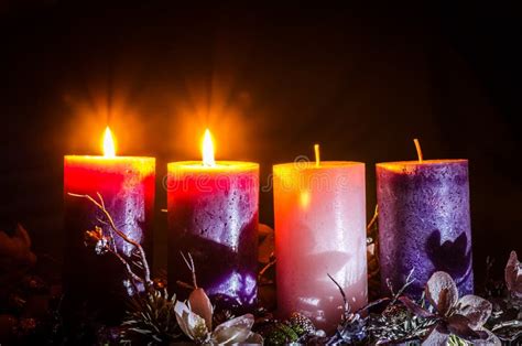 Advent Decoration with Two Burning Candles Stock Image - Image of flame ...