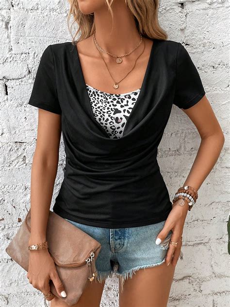 SHEIN LUNE Camiseta 2 En 1 Con Estampado De Leopardo Con Fruncido