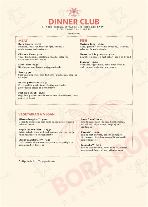 Menu at Bora Bora, The Hague