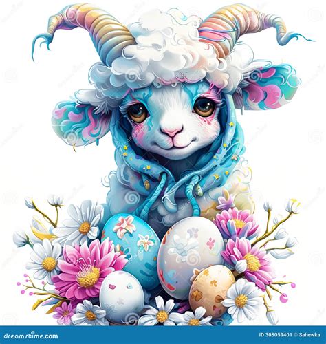 Easter Lamb With Flowers And Eggs Cute Colorful Sheep Stock