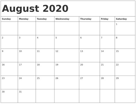 August 2020 Calendar Template