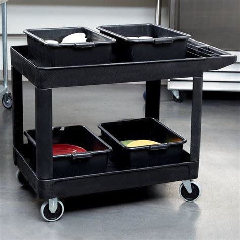 Rubbermaid Fg Bla Black Medium Lipped Two Shelf Utility Cart With