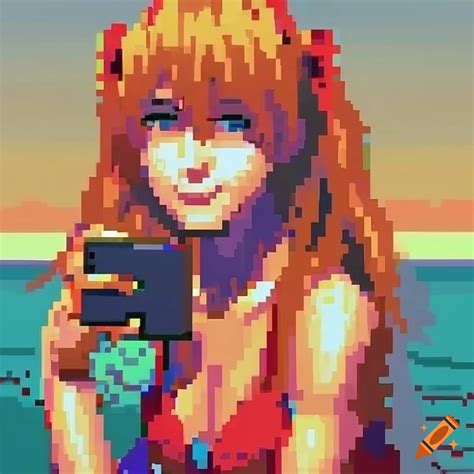 Pixel Art Oil Painting Portrait Of Asuka Langley Taking A Selfie At The