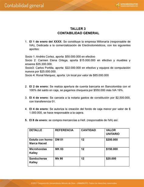 Taller Cuentas Contabilidad TALLER 3 CONTABILIDAD GENERAL El 1 De