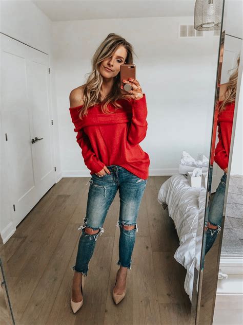 How To Wear A Red Sweater Off Shoulder Sweater Off Shoulder Blouse Red Pants Weekend Style