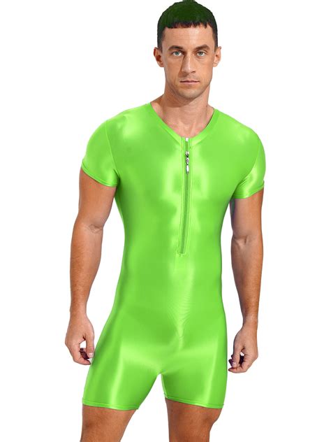 Inlzdz Mens Glossy One Piece Swimsuits Zipper Front Shorts Jumpsuit Unitrad Fluorescent Green M