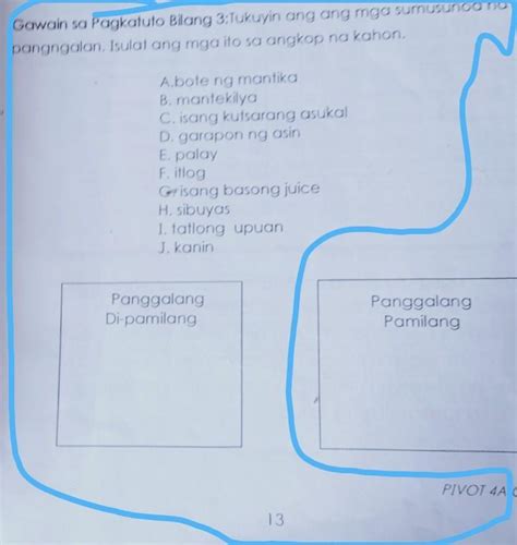 Gowain Sa Pagkatuto Biang Tukuyin Ang Ang Mga Sumusunod Na Pangngalan