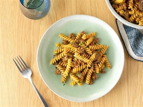 Chickpea Rotini Pasta With Spicy Italian Sausage And Mushroom Ragout