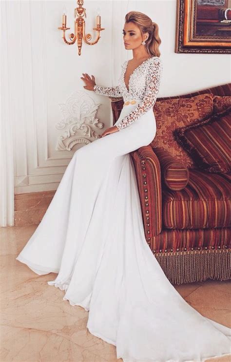 2017 Custom Made White Wedding Dress Lace Long Sleeves Bridal Dressdeep V Neck Party Gownsee