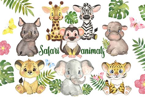 Safari Baby Animals Digital Watercolor Clipart Nursery Prints By