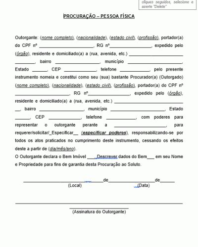 Procuração Outorgante E Outorgado - Modelo de Procuração onde o Outorgante dá em garantia Imóvel ao Soluto
