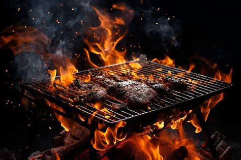 Premium Photo Hot Empty Portable Summer Barbecue Bbq Grill With Bright Flaming Fire And Ember