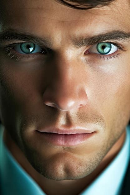 Um Homem De Olhos Verdes E Camisa Azul Foto Premium