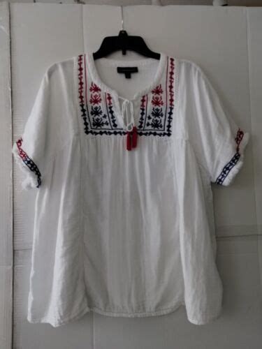 Lane Bryant White Blouse Top Red Blue Embroidery Sz 14 16 Peasant