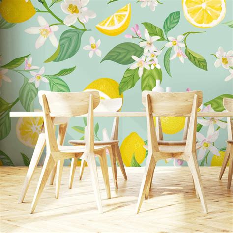 Zesty Green Lemon & Flowers on Green Wall Mural | WallpaperMural.com ...