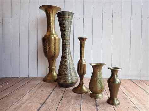 Vintage Brass Vase Set Of 5 Vases Gold With Etched Floral And Leaf Designs