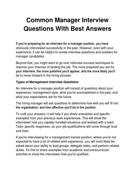 Common Manager Interview Questions With Best Answers Job Interview Interview