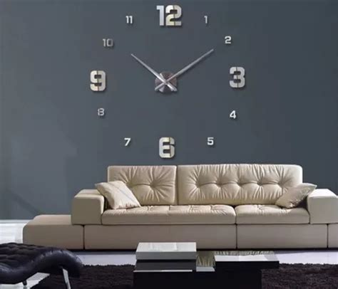 Reloj 3d Gigante 120cm Plateado Pared Deco Espejo Negro Dora Cuotas