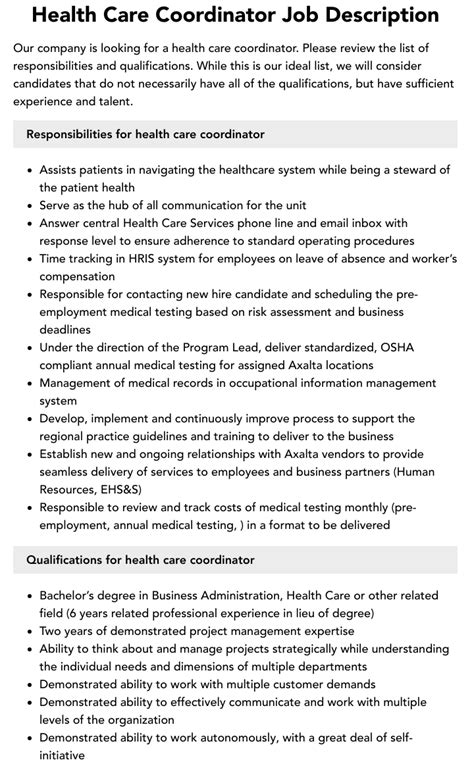 Health Care Coordinator Job Description Velvet Jobs