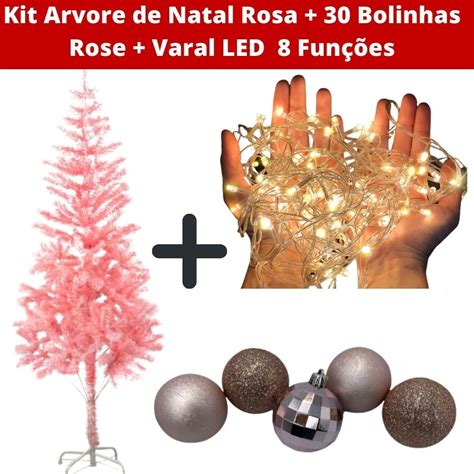 Kit Arvore De Natal Rosa Bolinhas Rose Varal Led Luzes