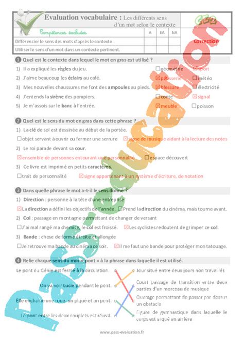Les Différents Sens Dun Mot Selon Le Contexte Au Ce2 Evaluation Qcm