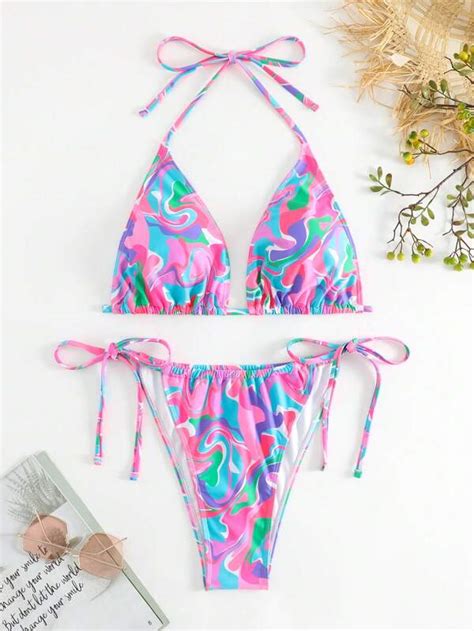 Shein Swim Vcay Plus Swirl Print Bikini Set Halter Triangle Bra And Tie