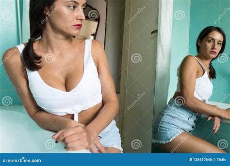 Beautiful Brunette Posing In Front Of A Mirror Stock Image Image Of Seduction Long 125420645